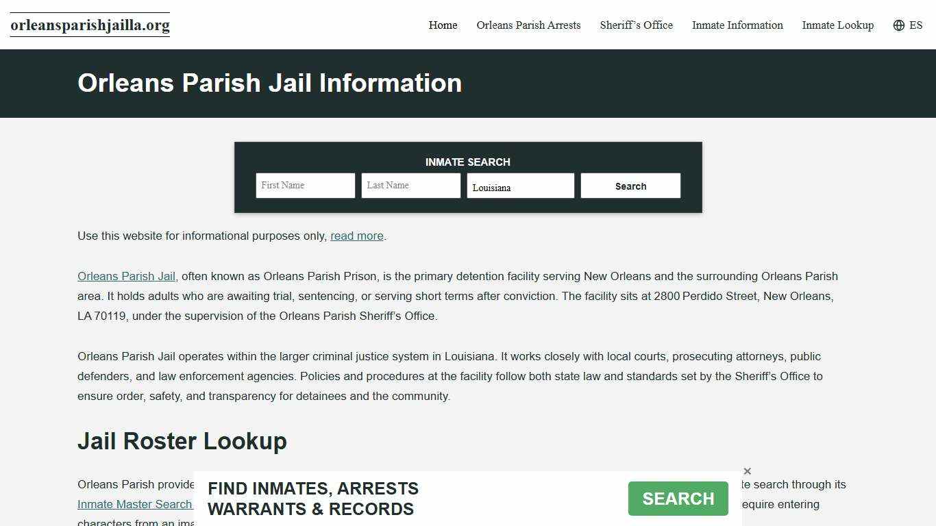 Orleans Parish, LA Jail Roster, Inmate Info